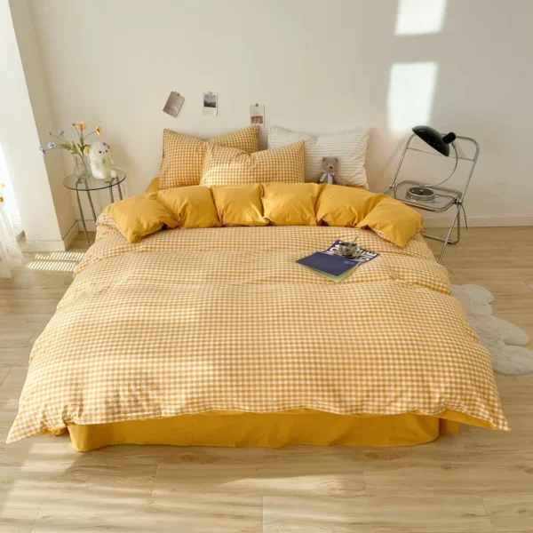 Yellow Lattice Duvet Cover Set with Sheet Pillowcases Soft Washed Cotton Bed Linen Twin Full Queen Size Grid Home Bedding Set - Image 4