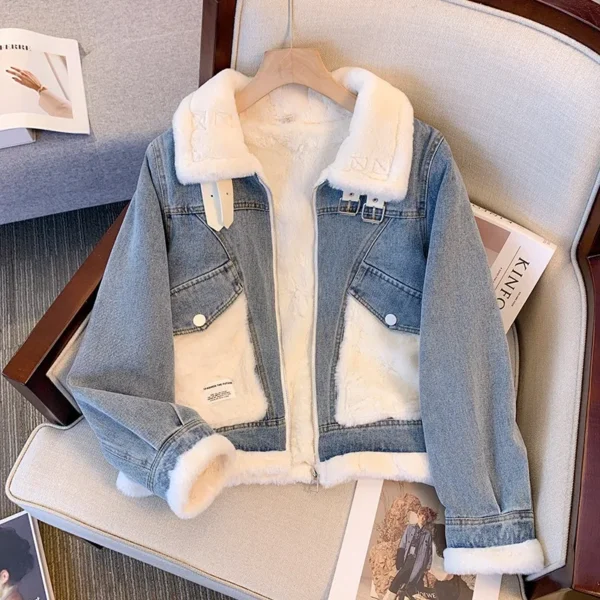 Thickened Lapel Denim Coat Windproof Outerwear Women Fashion Loose Jacket Coat Loose Outerwear Long Sleeved Wool Autumn Winter