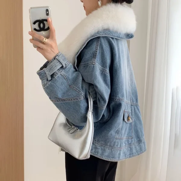 Imitation Fox Fur Denim Jacket Women's Overcoat Fashion Blue Fur Collar Cotton-Padded Jacket Liner Jeans Coat 2023 New Winter - Image 2