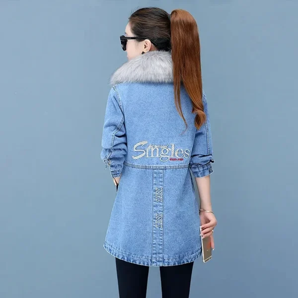 Women Denim Jacket 2023 Autumn Winter Lady Fashion Letter Cowboy Coats Women's Fur collar Add Velvet Thickening Denim Windbreake - Image 4