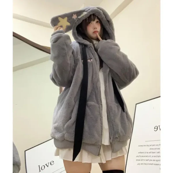 2024 New in Winter Coats Female Kawaii Plush Rabbit Ears Hooded Jacket Women Loose Casual Cute Y2k Padded Zip Hoodies Outerwears - Image 4