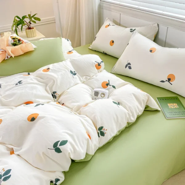 INS Girls Bedding Set Soft Washed Cotton Bed Sheet Full Queen Size Cute Orange Quilt Cover Pillowcase Green Bed Linens - Image 2