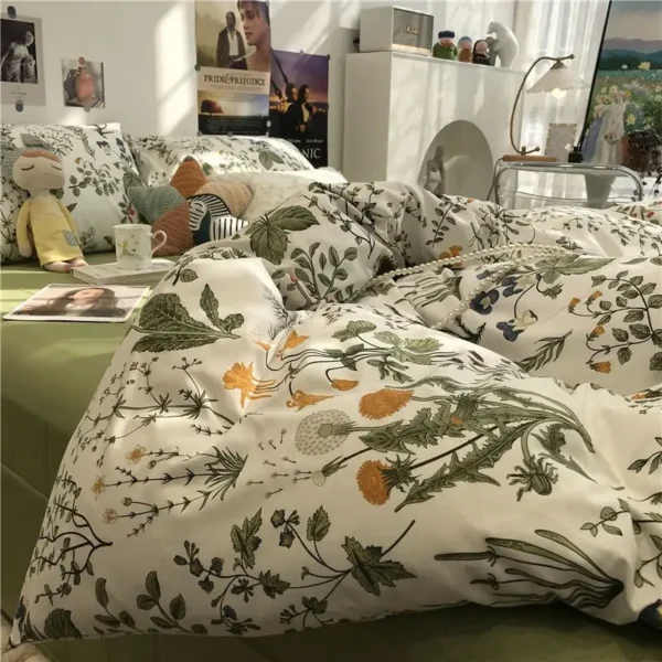 Green Series Flower Bedding Set INS Girls Duvet Cover Pillowcase Flat Sheet Soft Bed Linens Home Textile Queen King Size - Image 4