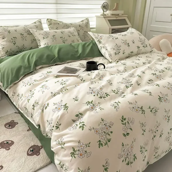 Green Series Flower Bedding Set INS Girls Duvet Cover Pillowcase Flat Sheet Soft Bed Linens Home Textile Queen King Size - Image 5