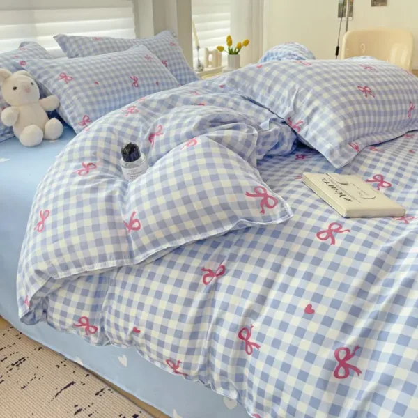 Blue Plaid Bedding Set with Bow Printed Duvet Cover Flat Sheet Pillowcases No Filler Full Queen Size Hotel Home Soft Bed Linens - Image 2