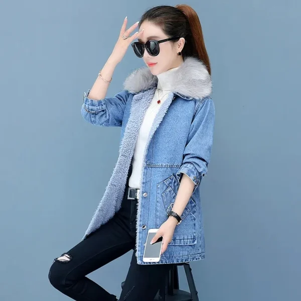 Women Denim Jacket 2023 Autumn Winter Lady Fashion Letter Cowboy Coats Women's Fur collar Add Velvet Thickening Denim Windbreake - Image 3