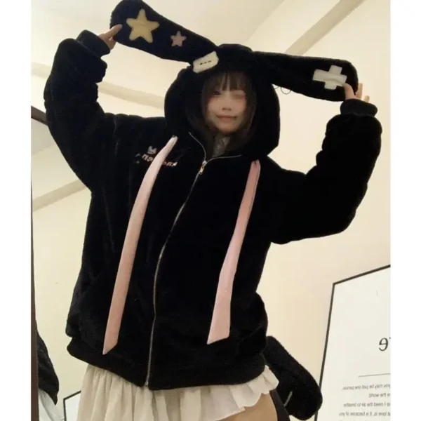 2024 New in Winter Coats Female Kawaii Plush Rabbit Ears Hooded Jacket Women Loose Casual Cute Y2k Padded Zip Hoodies Outerwears - Image 5