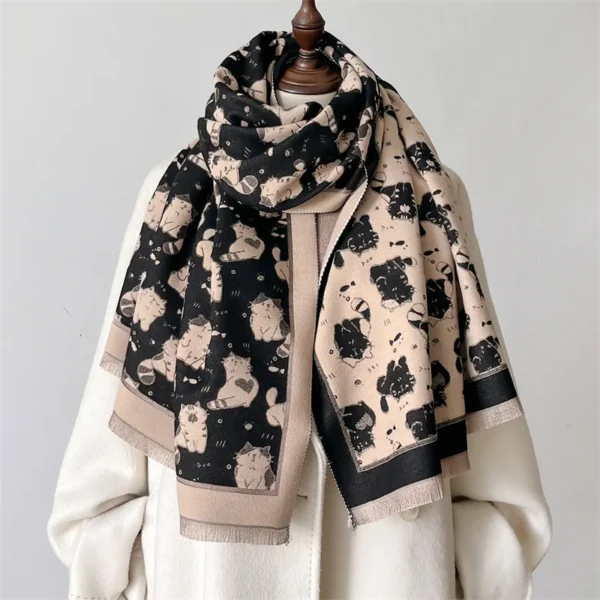 2024 Cute Cat Cashmere Shawl Scarf for Women Luxury Winter Warm Blanket Thick Neckerchief Poncho Bandana Lady Bufanda Ehcarpe - Image 3