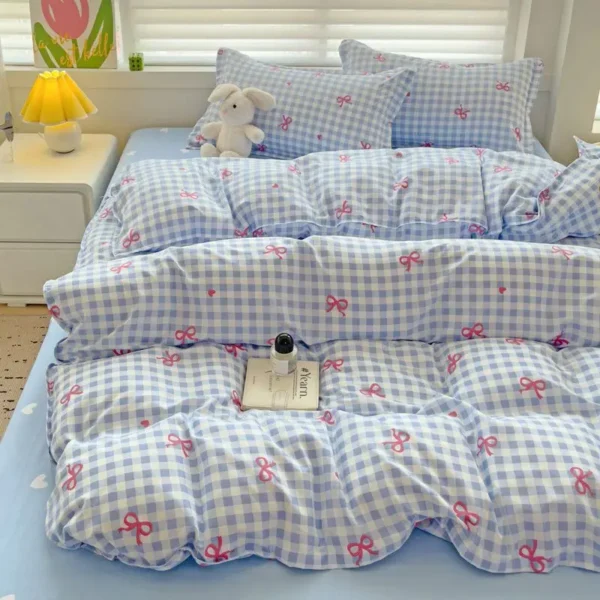 Blue Plaid Bedding Set with Bow Printed Duvet Cover Flat Sheet Pillowcases No Filler Full Queen Size Hotel Home Soft Bed Linens - Image 3