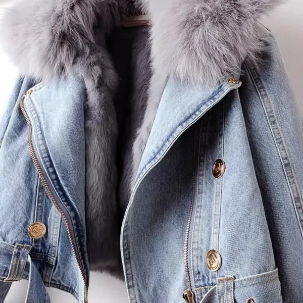 2024 New Women Faux Fox Fur Collar Jean Coat Winter Jacket Female Short Warm Parkas Rabbit Hair Lining Outwear Fashion Overcoat - Image 3