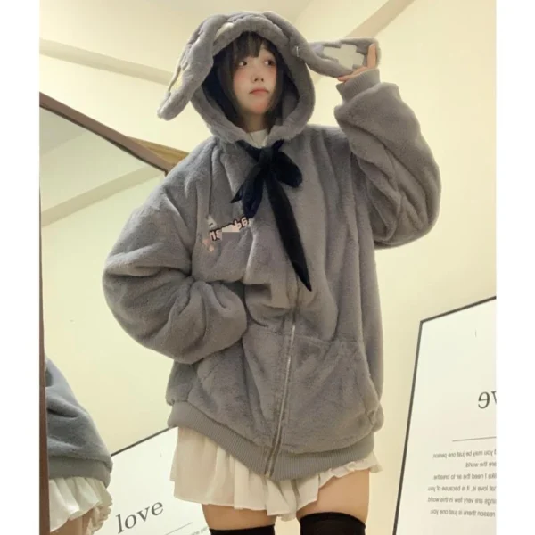 2024 New in Winter Coats Female Kawaii Plush Rabbit Ears Hooded Jacket Women Loose Casual Cute Y2k Padded Zip Hoodies Outerwears - Image 2