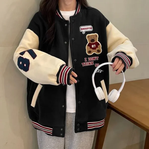 Autumn and Winter New Padded and Thickened Baseball Jacket Female Bear Loose Couple Jacket - Image 3