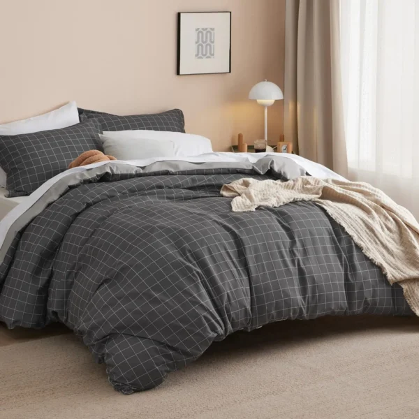 Bedsure Plaid Duvet Cover Twin Size - Grid Duvet Cover Set for Kids with Zipper Closure, Dark Grey Bedding Set - Image 4