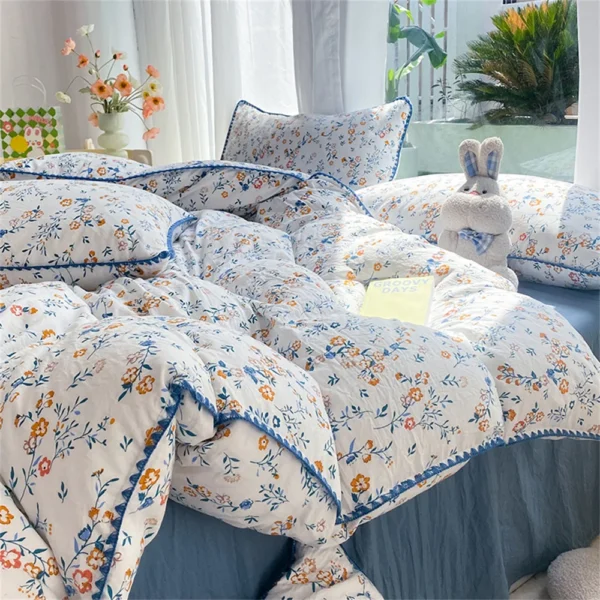 French Style Flower Bedding Sets Washed Cotton Bed Linens Soft Quilt Cover Sheet Couple Girls Floral Bedspread Home Textiles - Image 4