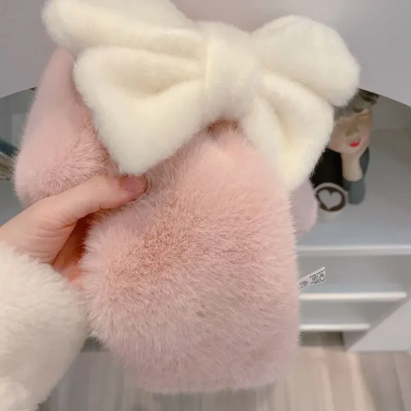 Japanese Sweet Hot Girl Pink Bow Neck Scarf Women's Autumn/Winter Faux Fur Cute Fury Scarf Fashion Female Trendy Accessories - Image 3