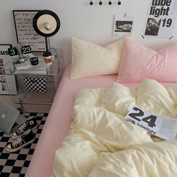 Korean Bedding Sets Cream Pink Solid Color Quilt Cover and Flat Sheet Pillowcase INS Girls Bed Linen Twin Queen Full Size - Image 3