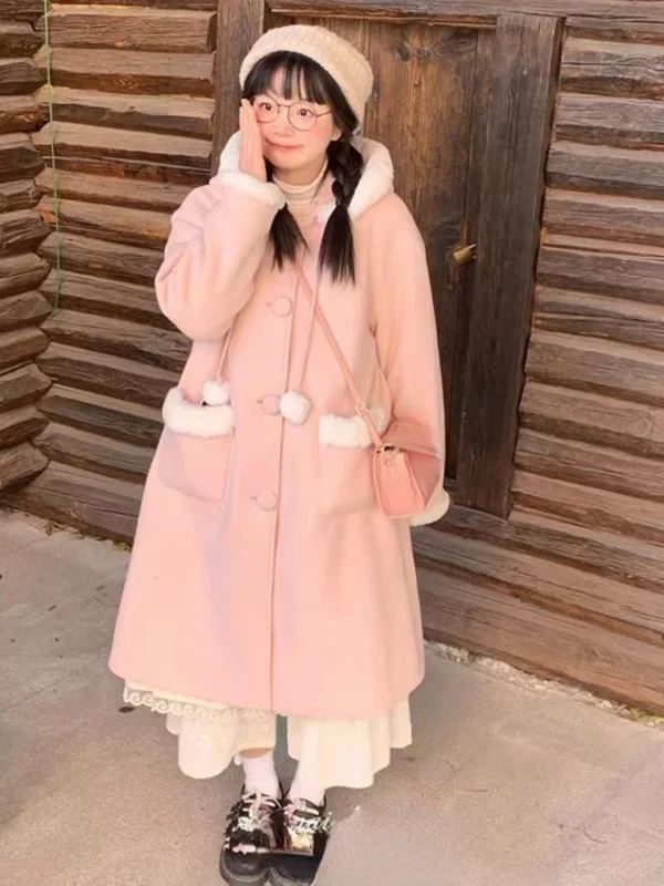 Japanese Kawaii Lolita Wool Coat Women Pink Sweet Pockets Cute Hooded Jackets Female Korean Casual Loose Coat Warm Winter 2024 - Image 6