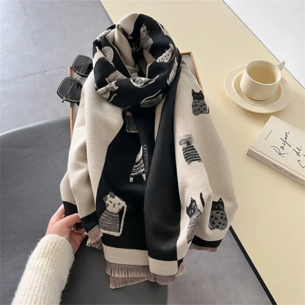 2024 New Fashiong Cat Printing Design Lady Winter Women Scarf Cashmere Thicken Warm Shawl Pashmina Female Wrap Neckerchief - Image 3