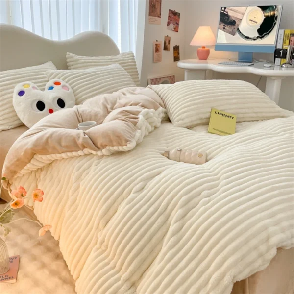 Striped Bedding Sets Milk Velvet Winter Warm Four Piece Sets Thicken Bed Linen Quilt Cover Sheet Pillowcase King Bedroom Decor - Image 2