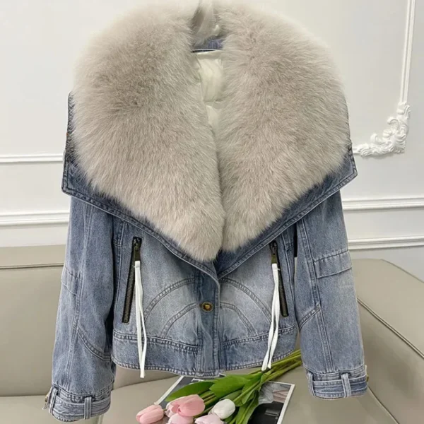 Imitation Fox Fur Denim Jacket Women's Overcoat Fashion Blue Fur Collar Cotton-Padded Jacket Liner Jeans Coat 2023 New Winter - Image 4