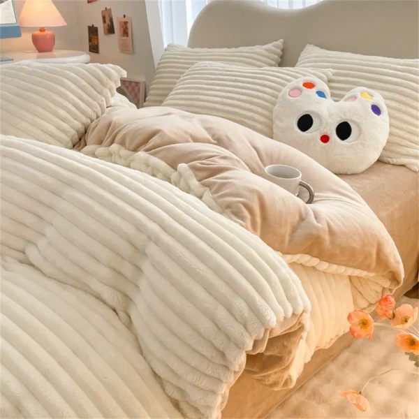 Striped Bedding Sets Milk Velvet Winter Warm Four Piece Sets Thicken Bed Linen Quilt Cover Sheet Pillowcase King Bedroom Decor