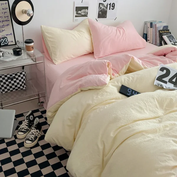 Korean Bedding Sets Cream Pink Solid Color Quilt Cover and Flat Sheet Pillowcase INS Girls Bed Linen Twin Queen Full Size - Image 2