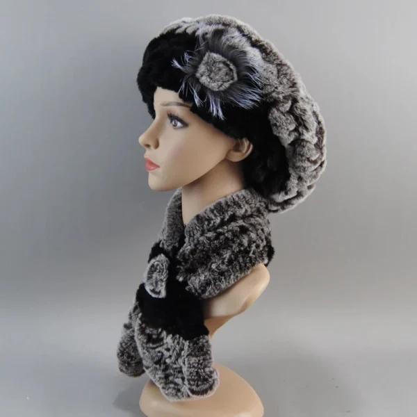 Fashion Girl Fur Cap Lady Winter Warm Real Rex Rabbit Fur Hat Scarf Suit High Quality Luxury Women 100% Real Fur Scarf+Hat Set - Image 6