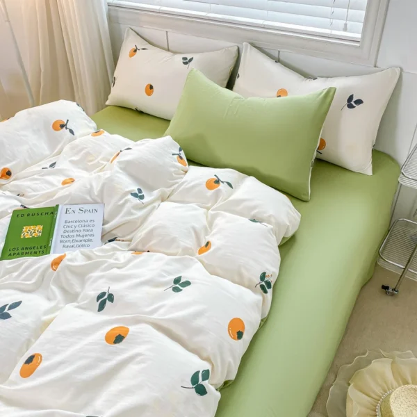 INS Girls Bedding Set Soft Washed Cotton Bed Sheet Full Queen Size Cute Orange Quilt Cover Pillowcase Green Bed Linens