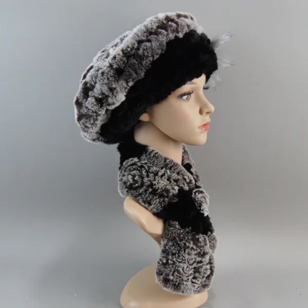 Fashion Girl Fur Cap Lady Winter Warm Real Rex Rabbit Fur Hat Scarf Suit High Quality Luxury Women 100% Real Fur Scarf+Hat Set - Image 5