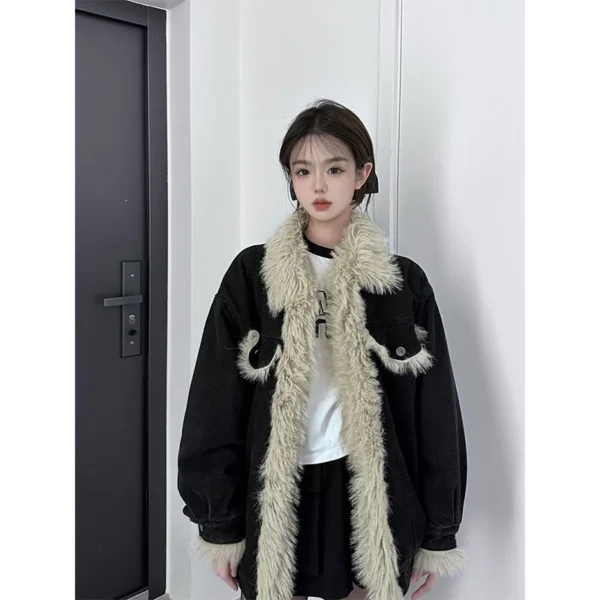 MEXZT Streetwear Fleece Denim Jacket Women Faux Fur Patchwork Jeans Coat Winter Y2K Vintage Korean Black Oversized Thick Outwear - Image 5