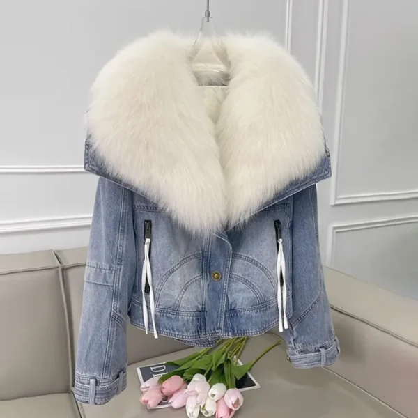 Imitation Fox Fur Denim Jacket Women's Overcoat Fashion Blue Fur Collar Cotton-Padded Jacket Liner Jeans Coat 2023 New Winter - Image 3