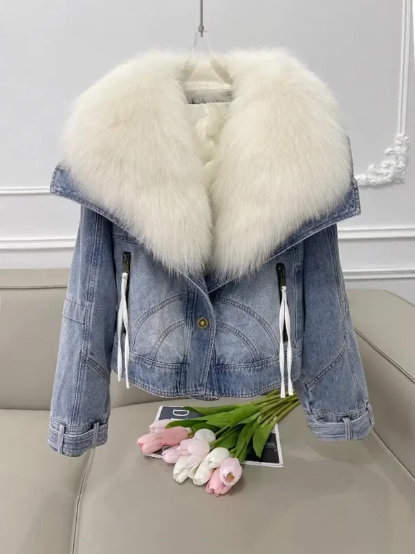 Imitation Fox Fur Denim Jacket Women's Overcoat Fashion Blue Fur Collar Cotton-Padded Jacket Liner Jeans Coat 2023 New Winter - Image 6