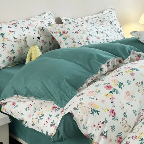 Green Series Flower Bedding Set INS Girls Duvet Cover Pillowcase Flat Sheet Soft Bed Linens Home Textile Queen King Size - Image 3