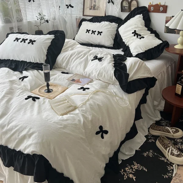 Korean Princess Style Kawaii Girl Black Bow Bedding Set Skin-friendly Soft Duvet Cover Set Bed Sheet Or Bed Skirt Pillowcases - Image 3