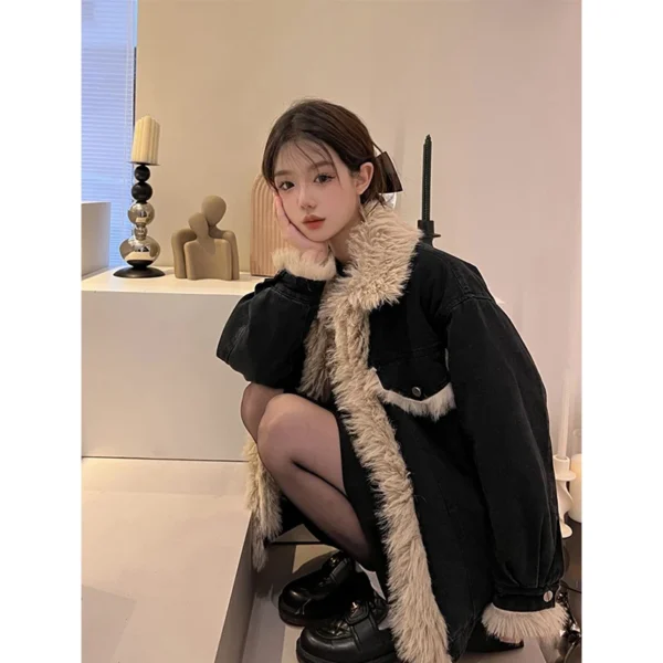 MEXZT Streetwear Fleece Denim Jacket Women Faux Fur Patchwork Jeans Coat Winter Y2K Vintage Korean Black Oversized Thick Outwear