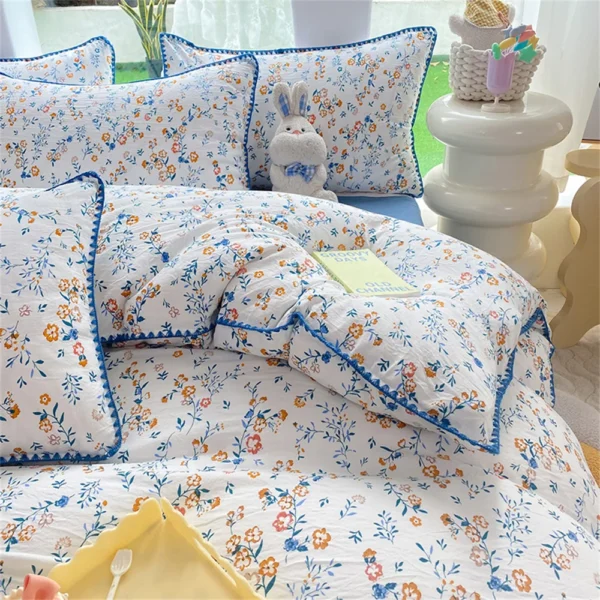 French Style Flower Bedding Sets Washed Cotton Bed Linens Soft Quilt Cover Sheet Couple Girls Floral Bedspread Home Textiles - Image 2