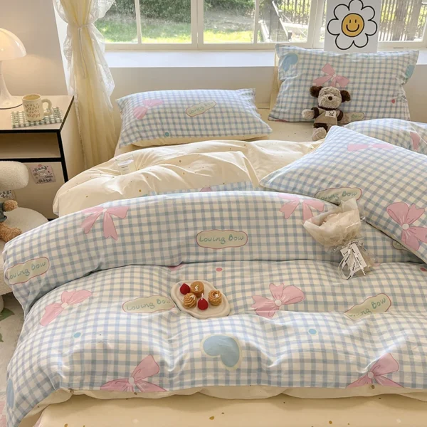 Cotton Kawaii Pink Bowknot Duvet Cover Girls Room Decor Breathable Comforter Cover with 2 Pillowcases Blue Plaid Striped Bedding - Image 3