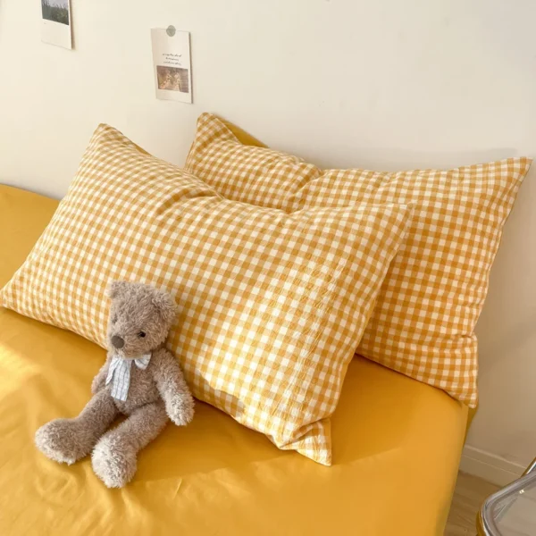 Yellow Lattice Duvet Cover Set with Sheet Pillowcases Soft Washed Cotton Bed Linen Twin Full Queen Size Grid Home Bedding Set - Image 6