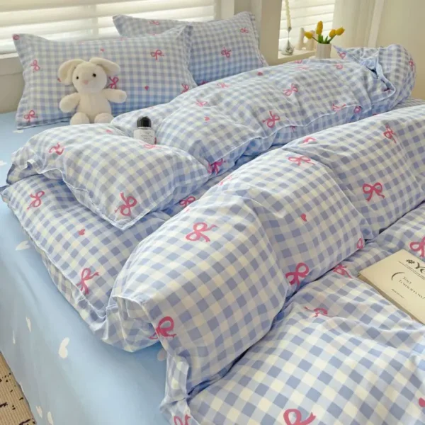 Classic Plaid Bedding Set 2024 Blue Pink Twin Queen Duvet Cover Flat Sheet Pillowcase No Filler Girl Boys Hotel Home Bed Linens - Image 3