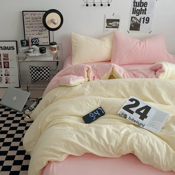 Korean Bedding Sets Cream Pink Solid Color Quilt Cover and Flat Sheet Pillowcase INS Girls Bed Linen Twin Queen Full Size