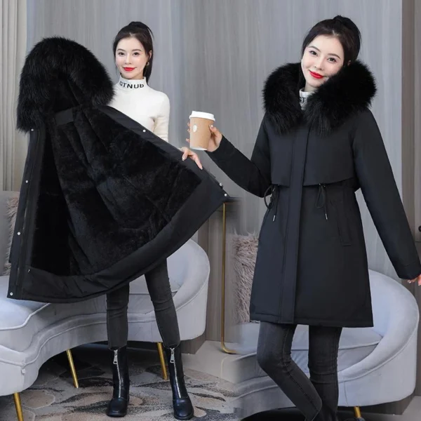 Winter Warm Jacket Female New 2024 Fashion Thin Waist Coat Women Winter Thicken Warm Fur Lining Down Cotton Parkas Female Coat