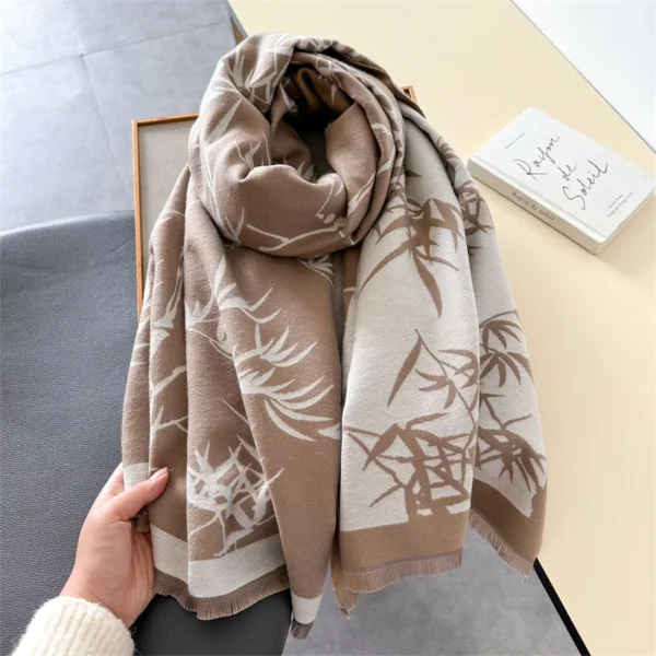 2024 Bamboo Leaf Print Fashion Winter Ourdoor Women Scarf Cashmere Thicken Warm Shawl Pashmina Scarves Female Wrap Ladies - Image 2