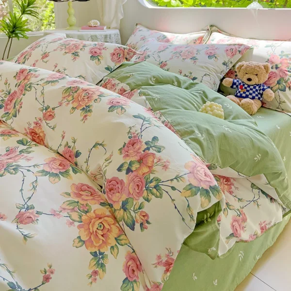 2024 Hot Flora Style 100% Cotton Bedding Set Printed Four Piece Set Pure Cotton Bed Sheet Set Duvet Cover Queen King Size - Image 4