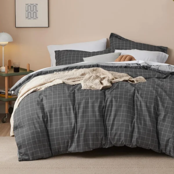 Bedsure Plaid Duvet Cover Twin Size - Grid Duvet Cover Set for Kids with Zipper Closure, Dark Grey Bedding Set - Image 2