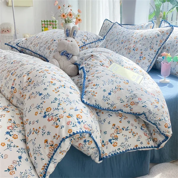 French Style Flower Bedding Sets Washed Cotton Bed Linens Soft Quilt Cover Sheet Couple Girls Floral Bedspread Home Textiles