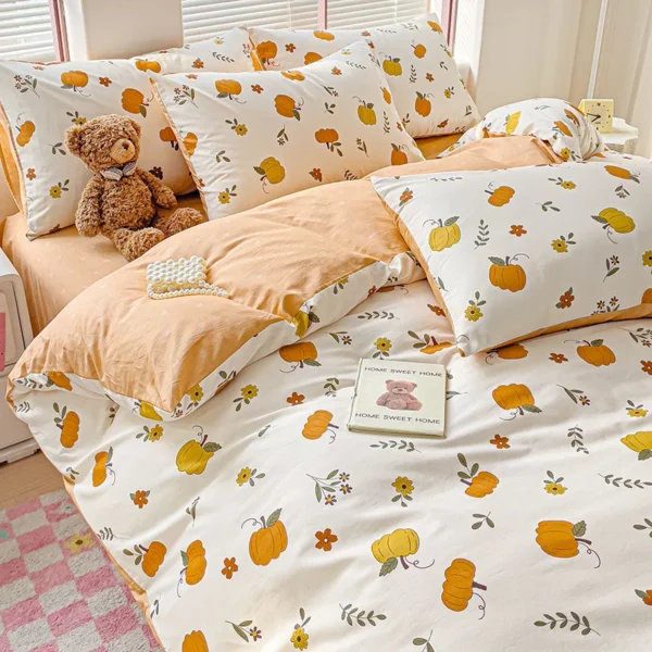 Cartoon Pumpkin Floral Duvet Cover Chic Shabby Flowers Leaves Bedding Set Cotton Farmhouse Comforter Cover for Thanksgiving Gift - Image 2