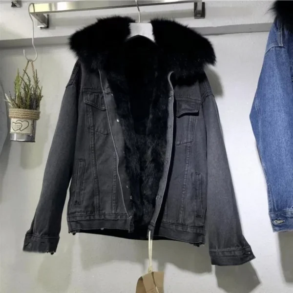 Thickened Fur Collar Denim Coat Windproof Outwear Women Fashion Jacket Coat Loose Outware Long Sleeved Wool Autumn Winter - Image 2