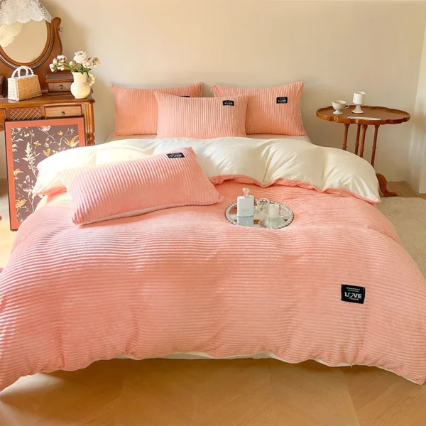 Sweet Milk Velvet Four-Piece Bed Sheets Set Winter Warm Double Sided Thick Solid Color Duvet Cover Coral Velvet Bedding Sets - Image 6