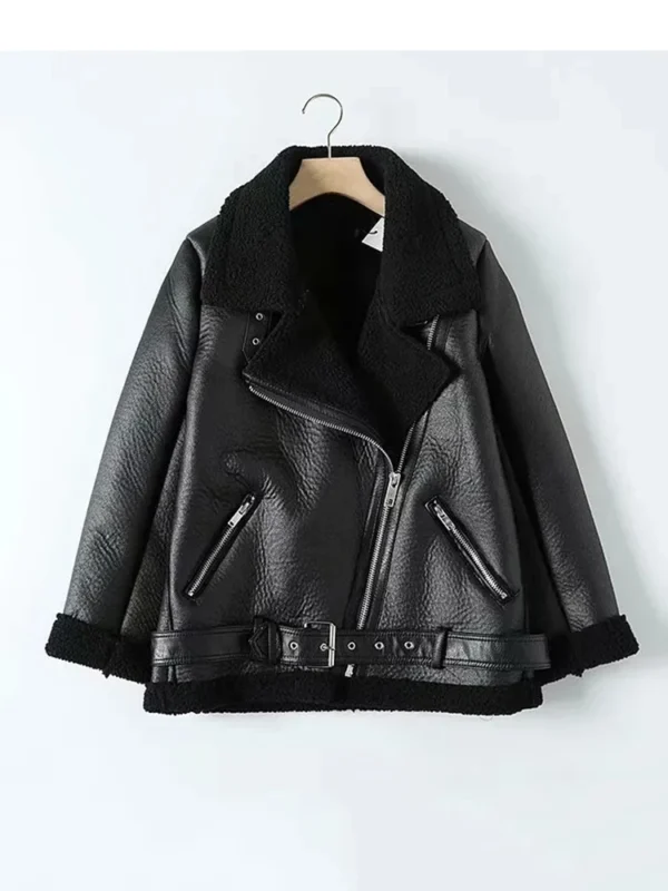 TRAF Winter Coats Women Thickness Faux Leather Fur Sheepskin Female Fur Leather Jacket Aviator Outwear Casaco Feminino