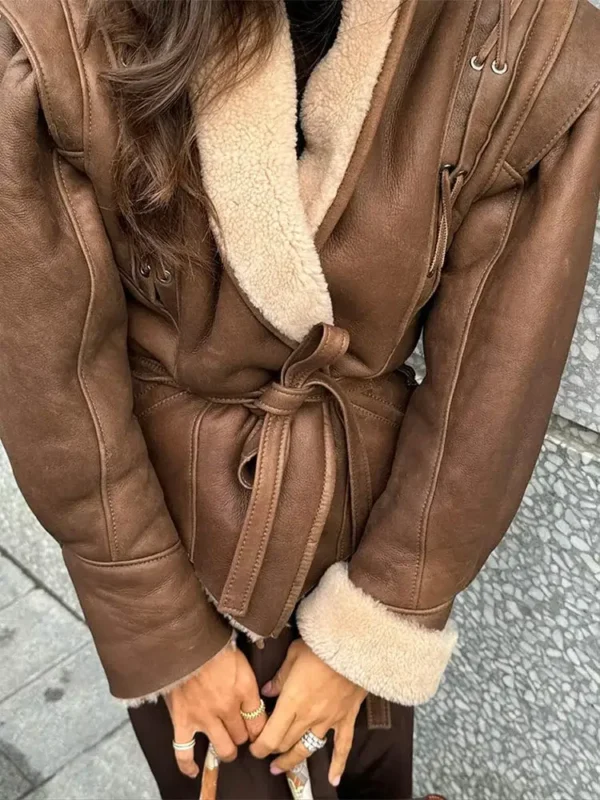 Fashion Warm Plush Leather Woman Jackets With Belt Lapel Long Sleeve Motorcycle Coats Lady 2024 Winter Commuter Street Outerwear - Image 5